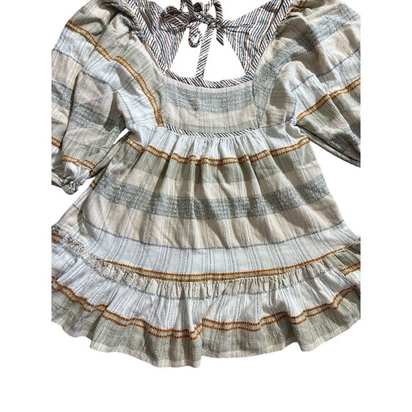 Free People Striped Puff Sleeve Mini Dress Cottage Core Boho Smocked Dress Sz L - Picture 9 of 16